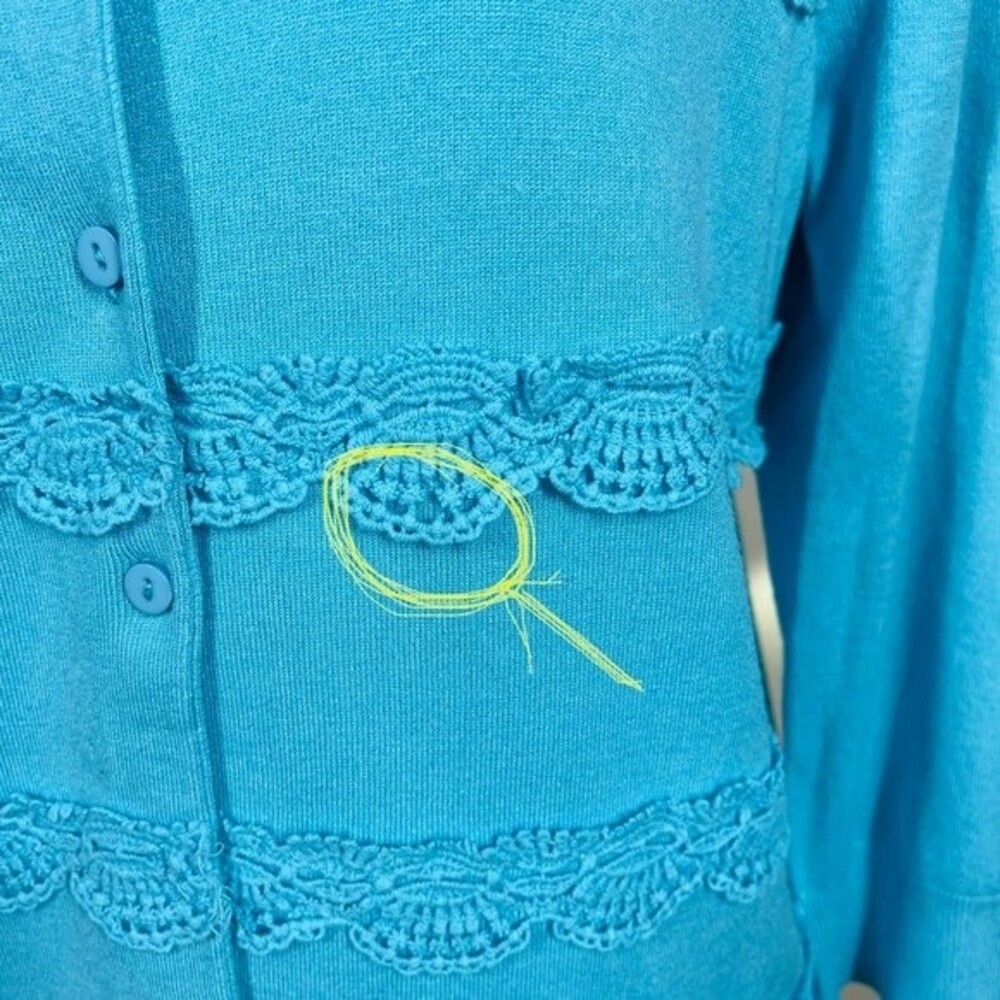 Cable & Gauge Blue cardigan long sleeve with Crochet Lace size L granny core - Picture 4 of 14